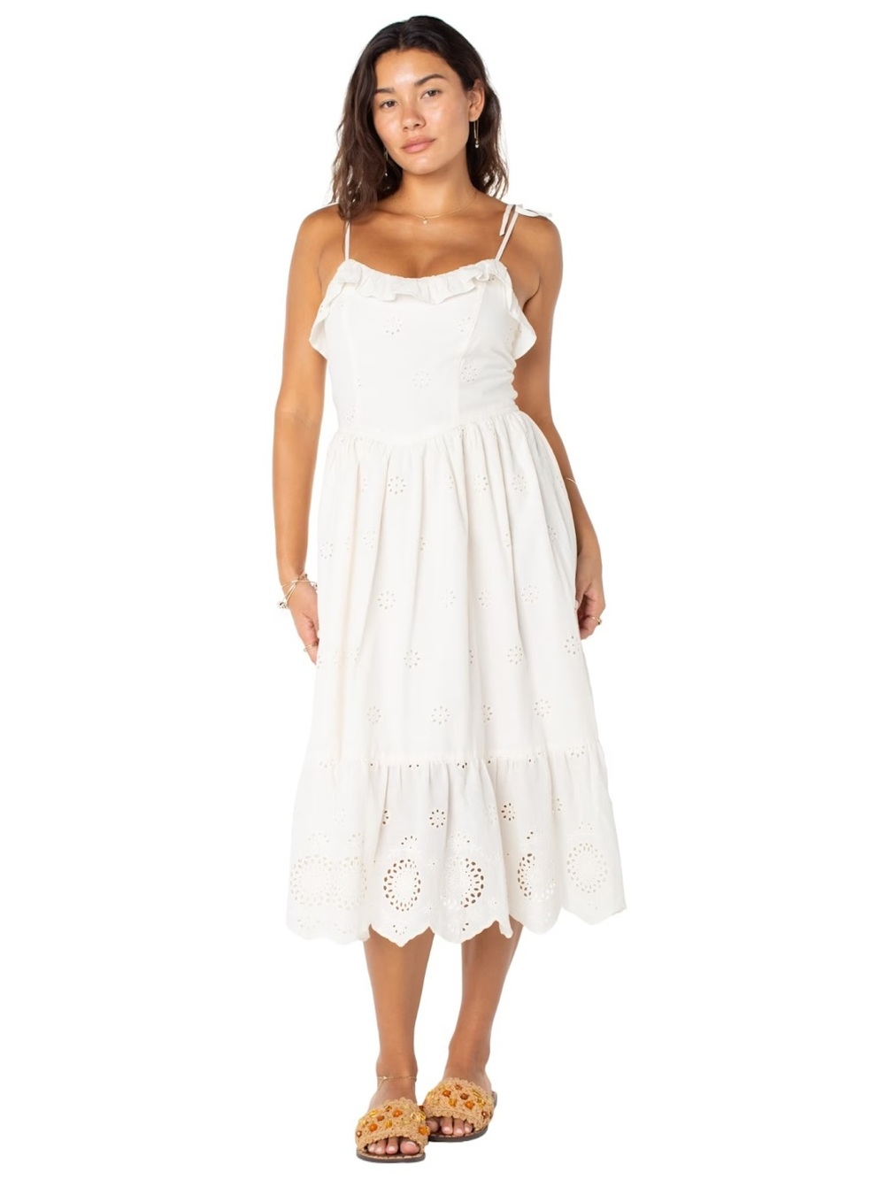 Celebrity Pink Eyelet Midi Dress M Whisper White Tie Strap Cotton NWT